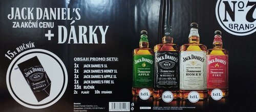 Jack Daniels promo set 4 x 1 l (1x JD fire 35% + 1x JD Honey 35% + 1x JD No.7 40% + 1x JD Apple 35%