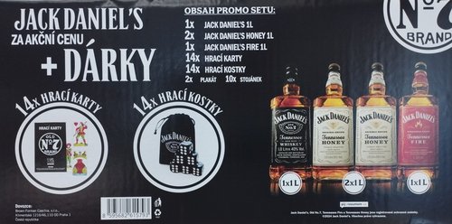 Jack Daniels promo set 4 x 1 l (1x JD fire 35% + 2x JD Honey 35% + 1x JD No.7 40% + 14x hrac karty