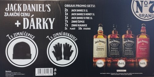 Jack Daniels set 4 x 1 l (2x JD 40%, 1x JD Fire 35%, 1x JD Honey 35%, 7x epice, 7x rukavice, 2x pl