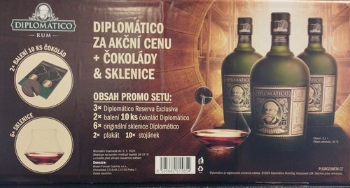 Diplomatico Reserva Exclusiva 40% 3x 0,7 l + promo (2x 10 ks okolca Diplomtico, 6x sklenice, 2x p