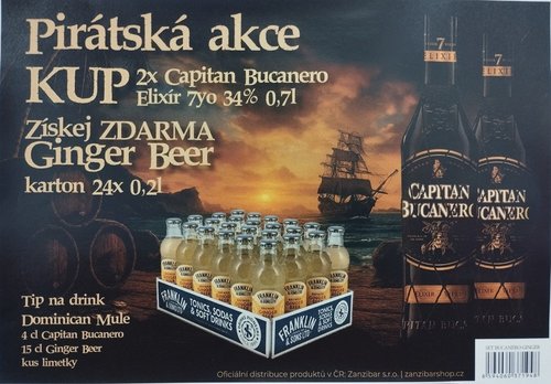 Monin Bucanero Ginger set (2x Capitan Bucanero Elixr 7yo 34% 0,7 l, 24x Franklin ginger beer 0,2 l