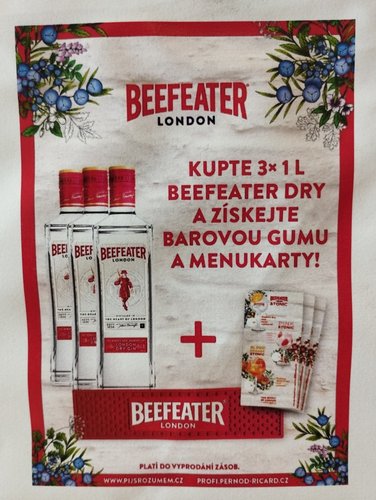 Beefeater 40% 3 x 1 l + 1x barov guma + menukarty